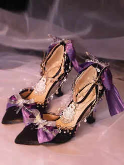 Escarpins Chaussures gothiques Lolita Chaînes noires N艙uds Volants à talons aiguilles
