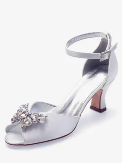Escarpins de mariée argent bout ouvert boucle réglable talon bas décoré de diamant artificiel