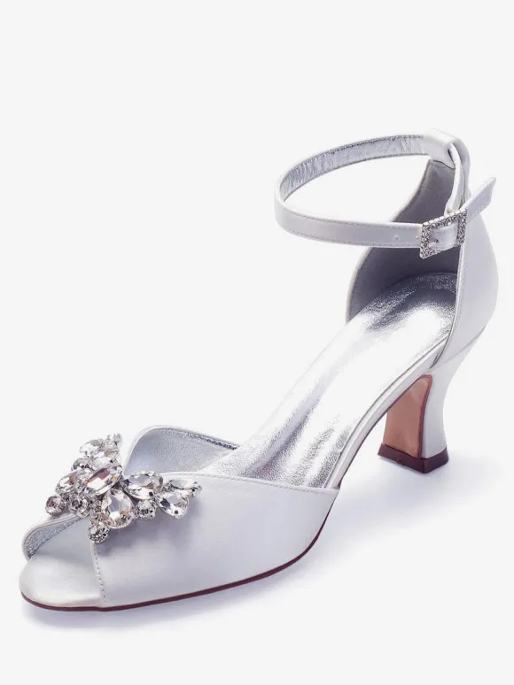 Escarpins de mariée argent bout ouvert boucle réglable talon bas décoré de diamant artificiel