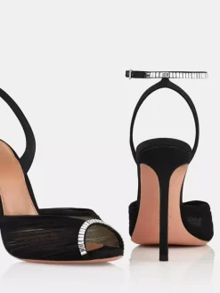 Escarpins de soirée à talons hauts en satin bout ouvert ornés de strass