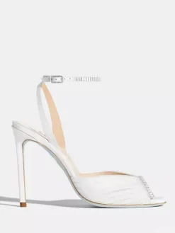 Escarpins de soirée à talons hauts en satin bout ouvert ornés de strass