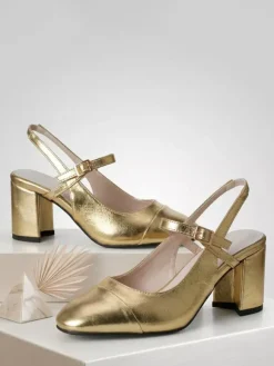 Escarpins dorés à talons compensés bout carré bride arrière chaussures de bal