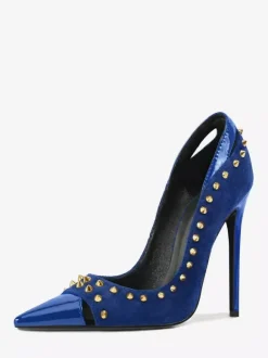 Escarpins en daim à talons hauts pour femmes bout pointu rivets chaussures à enfiler