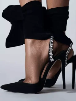 Escarpins en daim pour femmes bout pointu strass lacets bride arrière