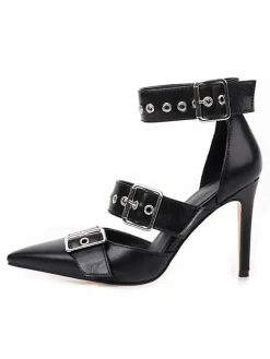 Escarpins femme talon haut noir en PU bout pointu boucle métal réglable