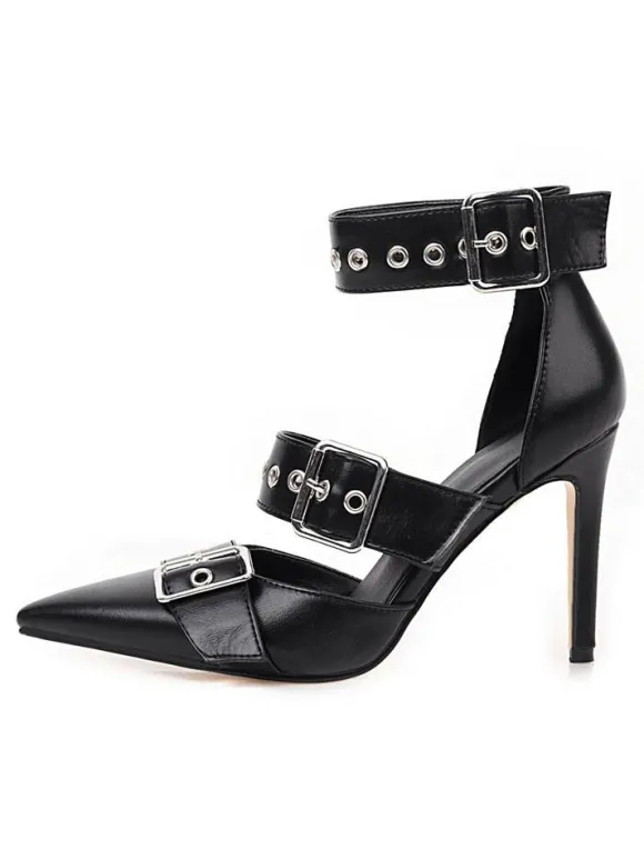 Escarpins femme talon haut noir en PU bout pointu boucle métal réglable
