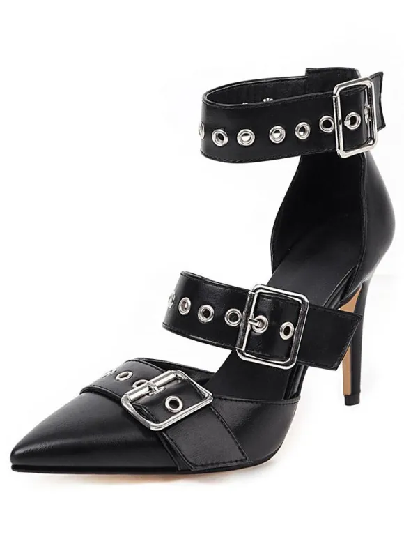 Escarpins femme talon haut noir en PU bout pointu boucle métal réglable