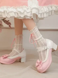 Escarpins Lolita à talons compensés en cuir PU avec n艙uds roses
