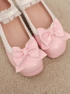 Escarpins Lolita à talons compensés en cuir PU avec n艙uds roses