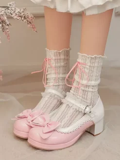Escarpins Lolita à talons compensés en cuir PU avec n艙uds roses