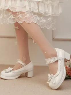 Escarpins Lolita à talons compensés en cuir PU avec n艙uds roses
