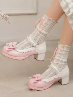 Escarpins Lolita à talons compensés en cuir PU avec n艙uds roses