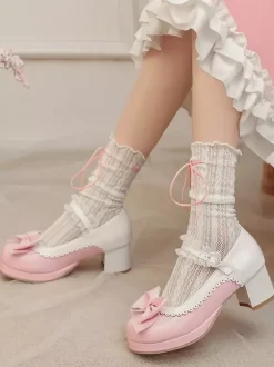 Escarpins Lolita à talons compensés en cuir PU avec n艙uds roses