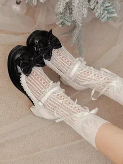 Escarpins Lolita à talons compensés en cuir PU avec n艙uds roses