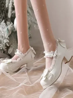 Escarpins Lolita en cuir PU à bout rond et n艙uds blancs