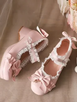 Escarpins Lolita en cuir PU à bout rond et n艙uds blancs