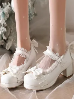 Escarpins Lolita en cuir PU à bout rond et n艙uds blancs