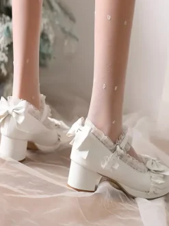 Escarpins Lolita en cuir PU à bout rond et n艙uds blancs