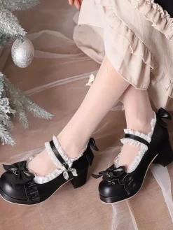 Escarpins Lolita en cuir PU à bout rond et n艙uds blancs