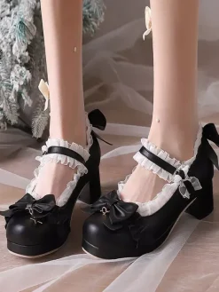 Escarpins Lolita en cuir PU à bout rond et n艙uds blancs