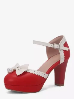 Escarpins Lolita en cuir PU à bout rond et n艙uds blancs