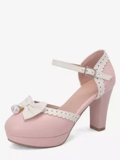 Escarpins Lolita en cuir PU à bout rond et n艙uds blancs