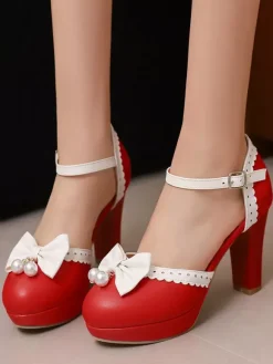 Escarpins Lolita en cuir PU à bout rond et n艙uds blancs