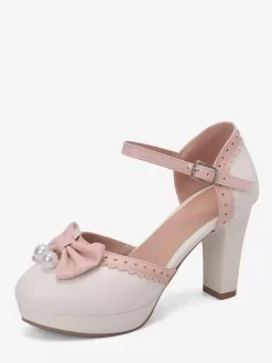 Escarpins Lolita en cuir PU à bout rond et n艙uds blancs
