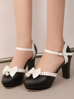 Escarpins Lolita en cuir PU à bout rond et n艙uds blancs