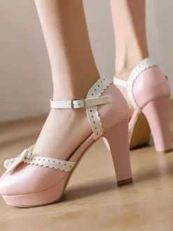 Escarpins Lolita en cuir PU à bout rond et n艙uds blancs
