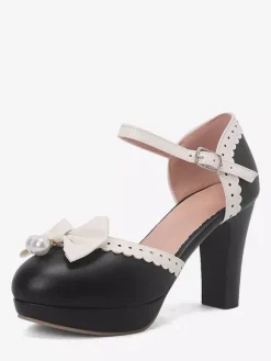 Escarpins Lolita en cuir PU à bout rond et n艙uds blancs