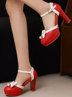 Escarpins Lolita en cuir PU à bout rond et n艙uds blancs