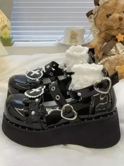 Escarpins Lolita gothiques à plateforme et chaînes noires en cuir PU