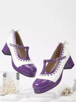 Escarpins Lolita Mary Jane à n艙uds orange bout rond cuir verni talon épais