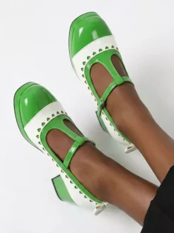 Escarpins Lolita Mary Jane à n艙uds orange bout rond cuir verni talon épais