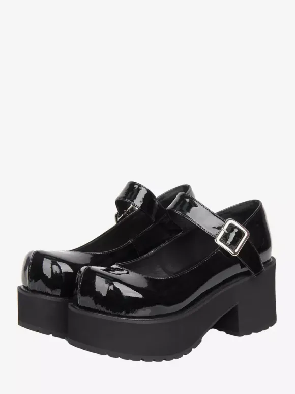 Escarpins Lolita noirs à plateforme en cuir PU bout rond style Harajuku.