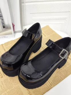 Escarpins Lolita noirs à plateforme en cuir PU bout rond style Harajuku.