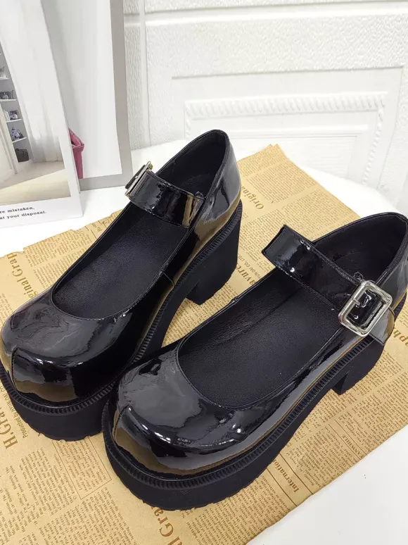Escarpins Lolita noirs à plateforme en cuir PU bout rond style Harajuku.