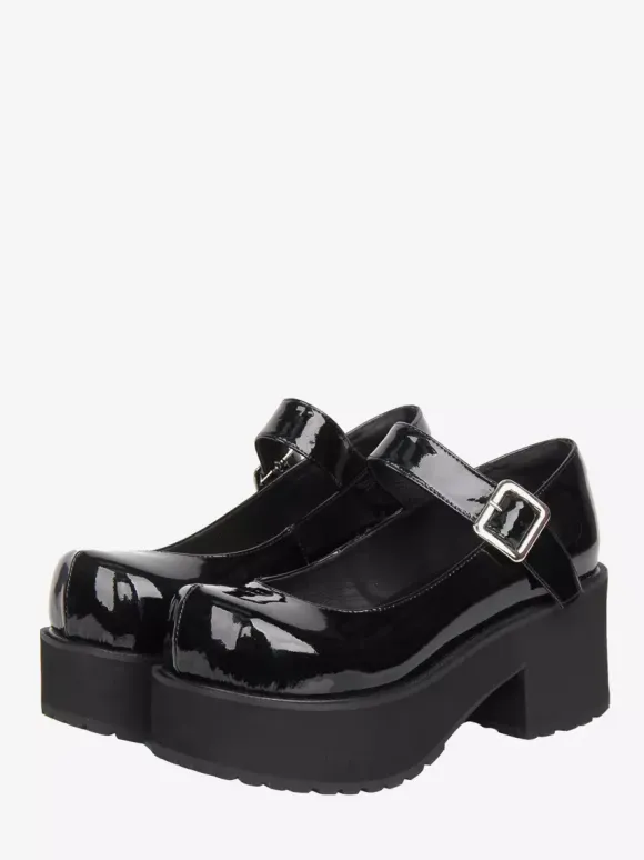 Escarpins Lolita noirs à plateforme en cuir PU bout rond style Harajuku.