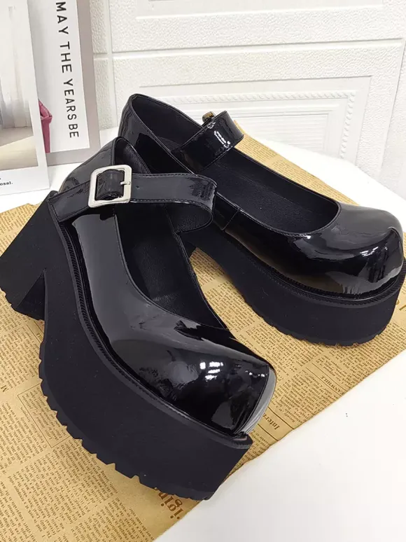 Escarpins Lolita noirs à plateforme en cuir PU bout rond style Harajuku.
