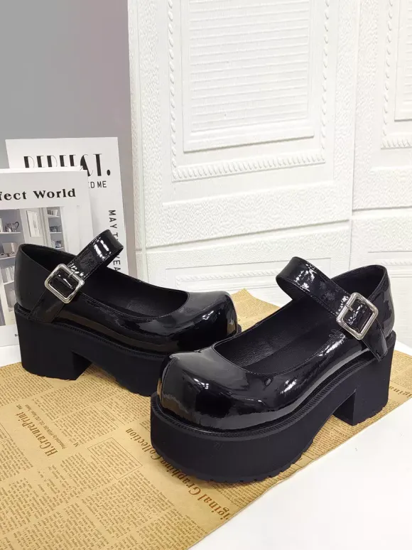 Escarpins Lolita noirs à plateforme en cuir PU bout rond style Harajuku.