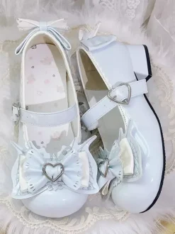 Escarpins Lolita Sweet bleu ciel clair n艙uds cuir PU petit talon style ergonomie.