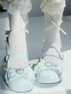 Escarpins Lolita Sweet bleu ciel clair n艙uds cuir PU petit talon style ergonomie.