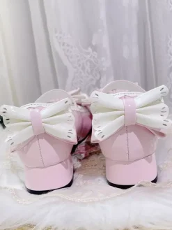Escarpins Lolita Sweet bleu ciel clair n艙uds cuir PU petit talon style ergonomie.