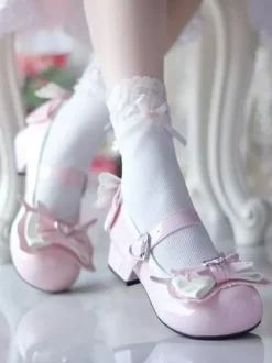 Escarpins Lolita Sweet bleu ciel clair n艙uds cuir PU petit talon style ergonomie.