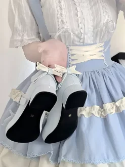 Escarpins Lolita Sweet bleu ciel clair n艙uds cuir PU petit talon style ergonomie.