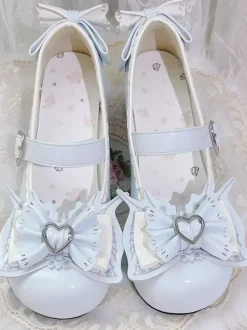 Escarpins Lolita Sweet bleu ciel clair n艙uds cuir PU petit talon style ergonomie.