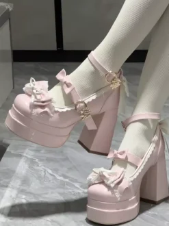 Escarpins Lolita Sweet blanc écru n艙uds cuir PU talon compensé