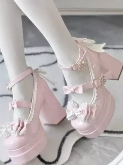 Escarpins Lolita Sweet blanc écru n艙uds cuir PU talon compensé