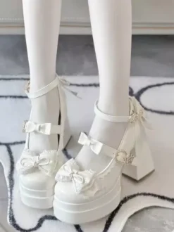 Escarpins Lolita Sweet blanc écru n艙uds cuir PU talon compensé